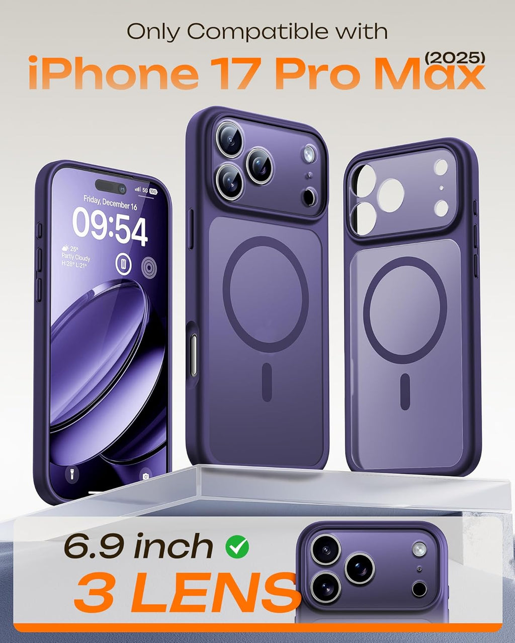 Midnight Purple magnetic iPhone 17 Pro Max case with TPU cushioning and 360 airbags