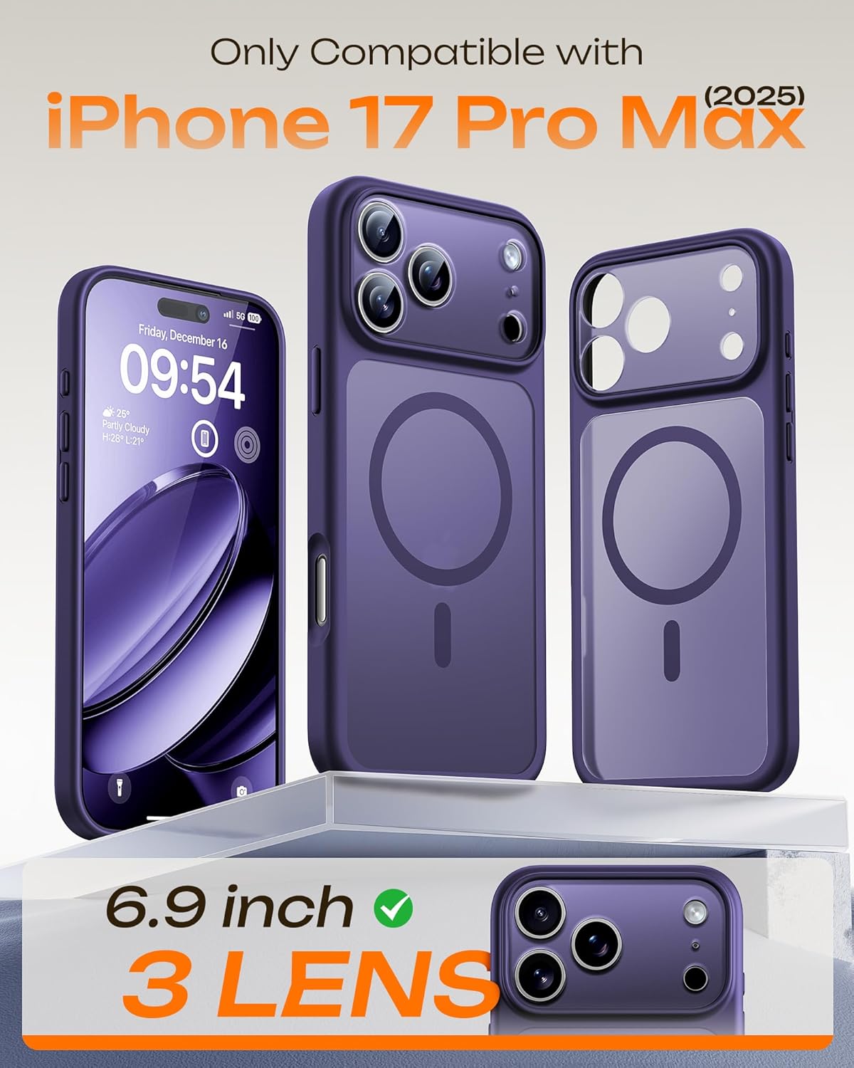 Midnight Purple magnetic iPhone 17 Pro Max case with TPU cushioning and 360 airbags